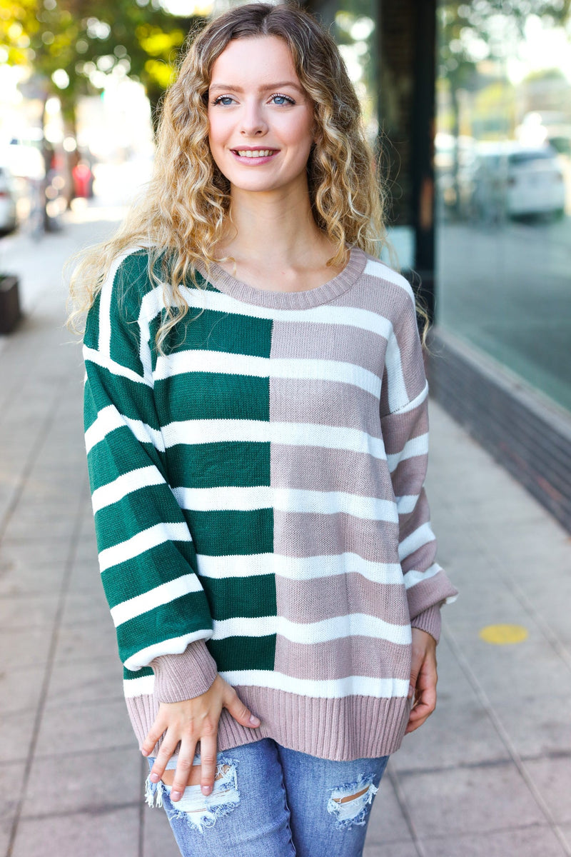 Hunter Green & Taupe Striped Color Block Sweater