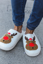 Holiday Red Nose Reindeer Print Fleece Slippers