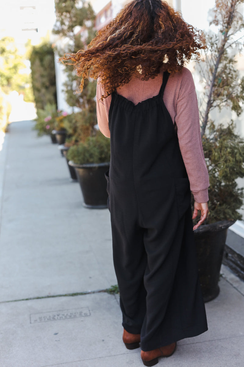 Feeing Joyful Black Wide Leg Adjustable Baggy Bib Jumpsuit