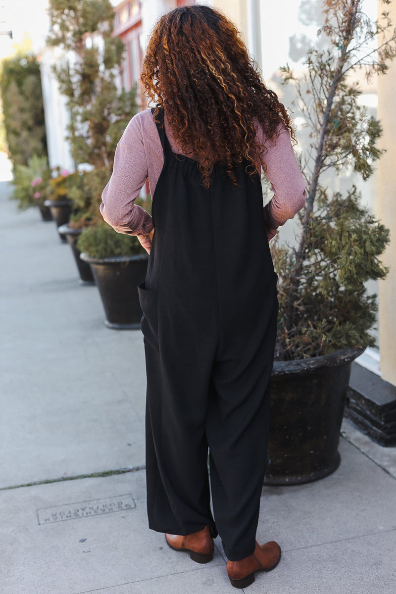 Feeing Joyful Black Wide Leg Adjustable Baggy Bib Jumpsuit