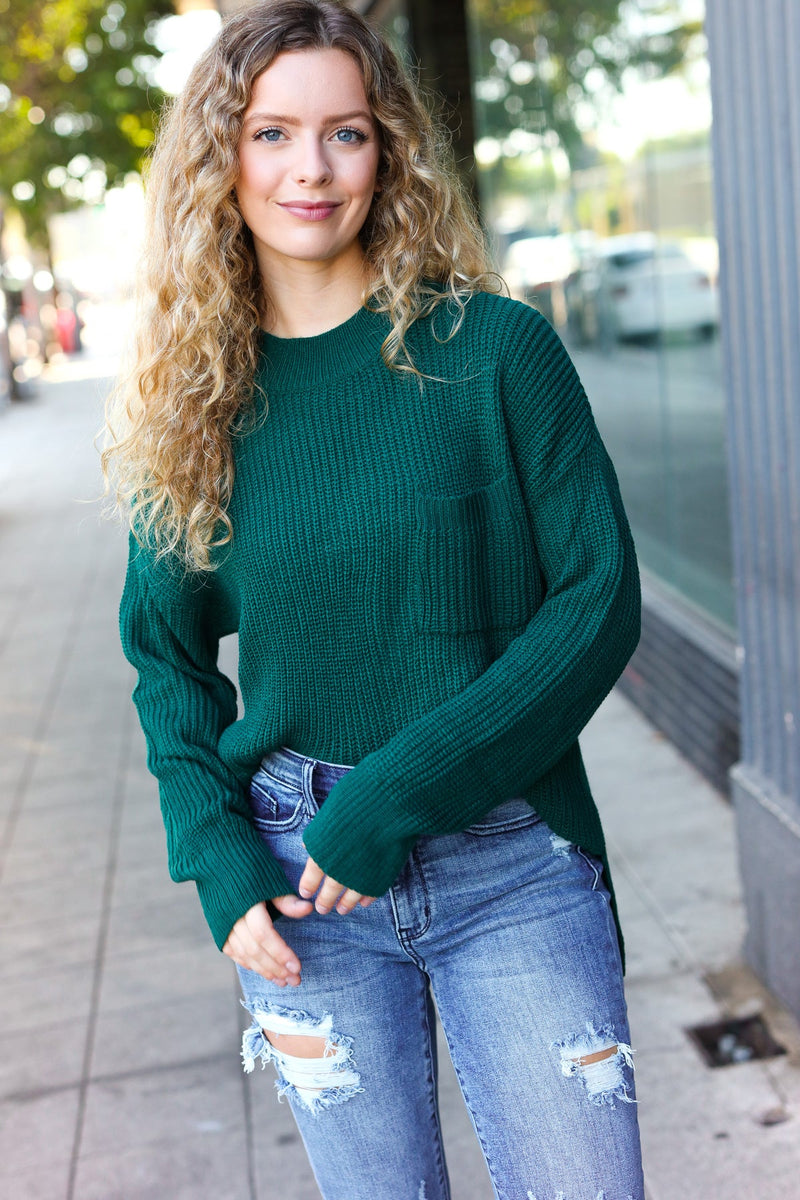 Classy Chic Hunter Green Mock Neck Chest Pocket Knit Sweater