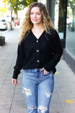 Follow Me Black Pointelle Knit Button Down Cardigan