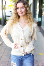 Follow Me Oatmeal Pointelle Knit Button Down Cardigan