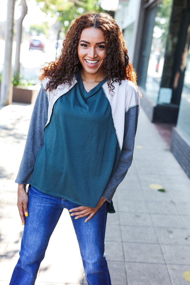 Stand Out Hunter Green V Neck Raglan Color Block Outseam Top