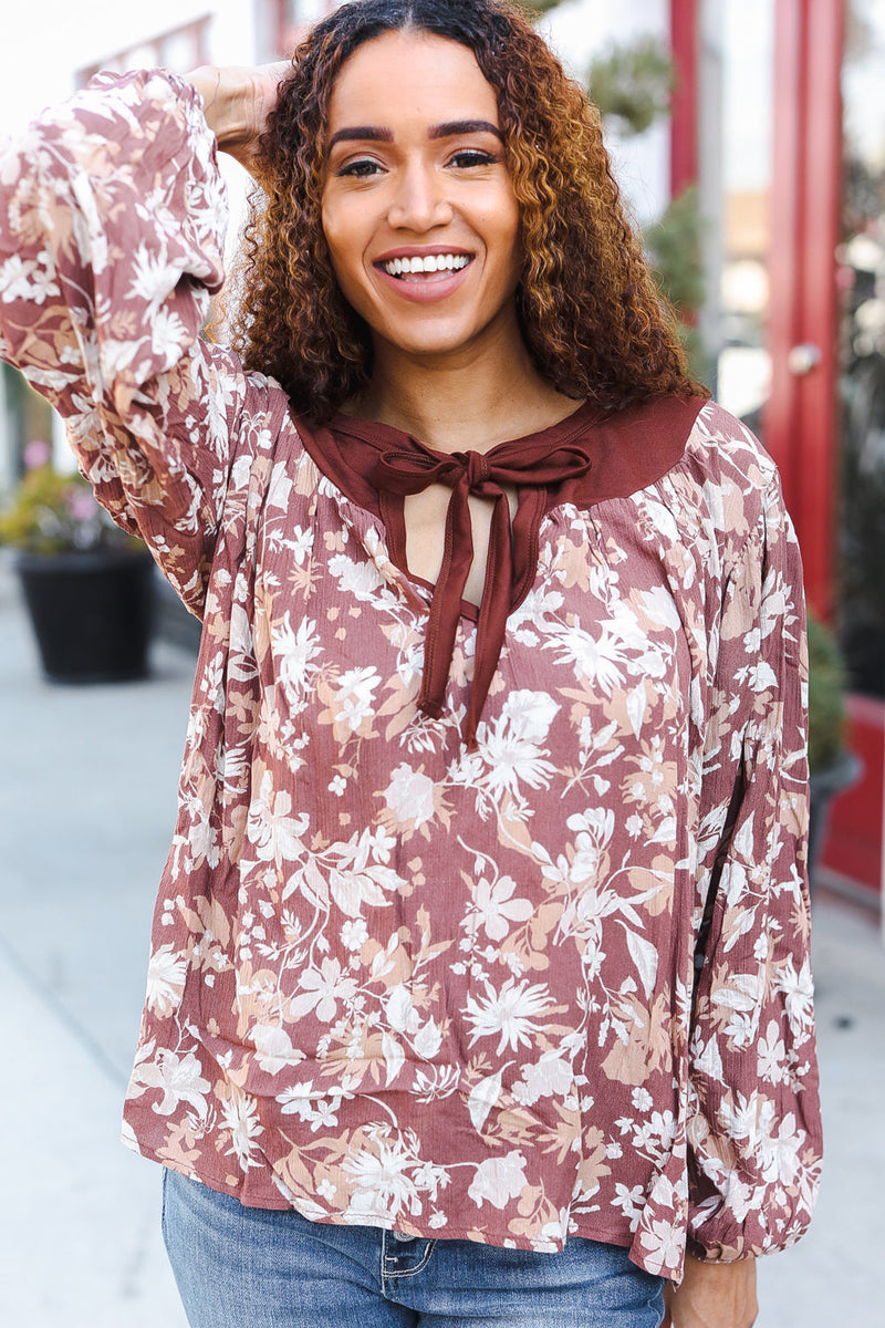 Spread Joy Taupe Floral Front Tie Elastic Long Sleeve Blouse