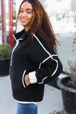 Catch Glances Black Cinched Waist Half Zip Up Fleece Jacket