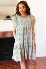 Mint Geo Boho Print Yoke Poplin Woven Dress