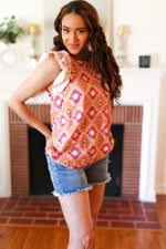 Seize The Day Peach Boho Print Frill Sleeve Keyhole Back Top