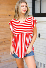 Red Stripe Babydoll Flutter Sleeve Top