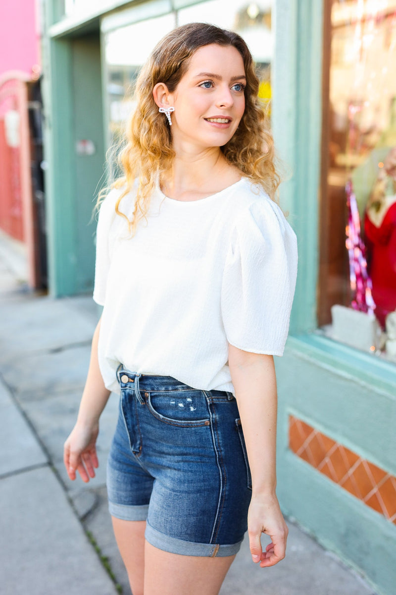 Stand Out White Crinkle Textured Woven Puff Sleeve Top