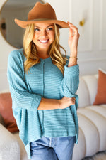 Just My Type Dusty Teal Jacquard Hi-Low V Neck Sweater