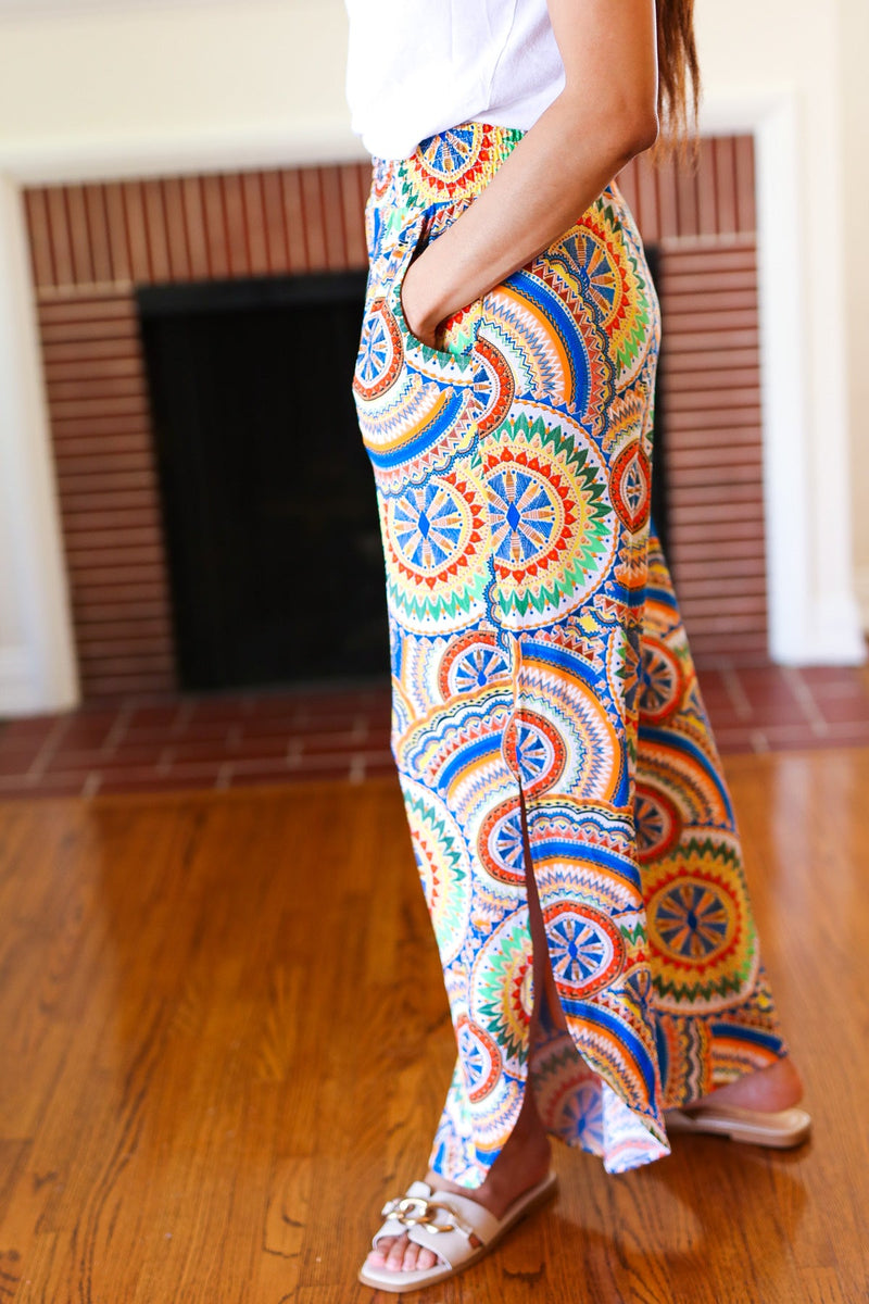 Multicolor Mandala Smocked Waist Side Slit Palazzo Pants