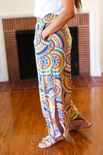 Multicolor Mandala Smocked Waist Side Slit Palazzo Pants