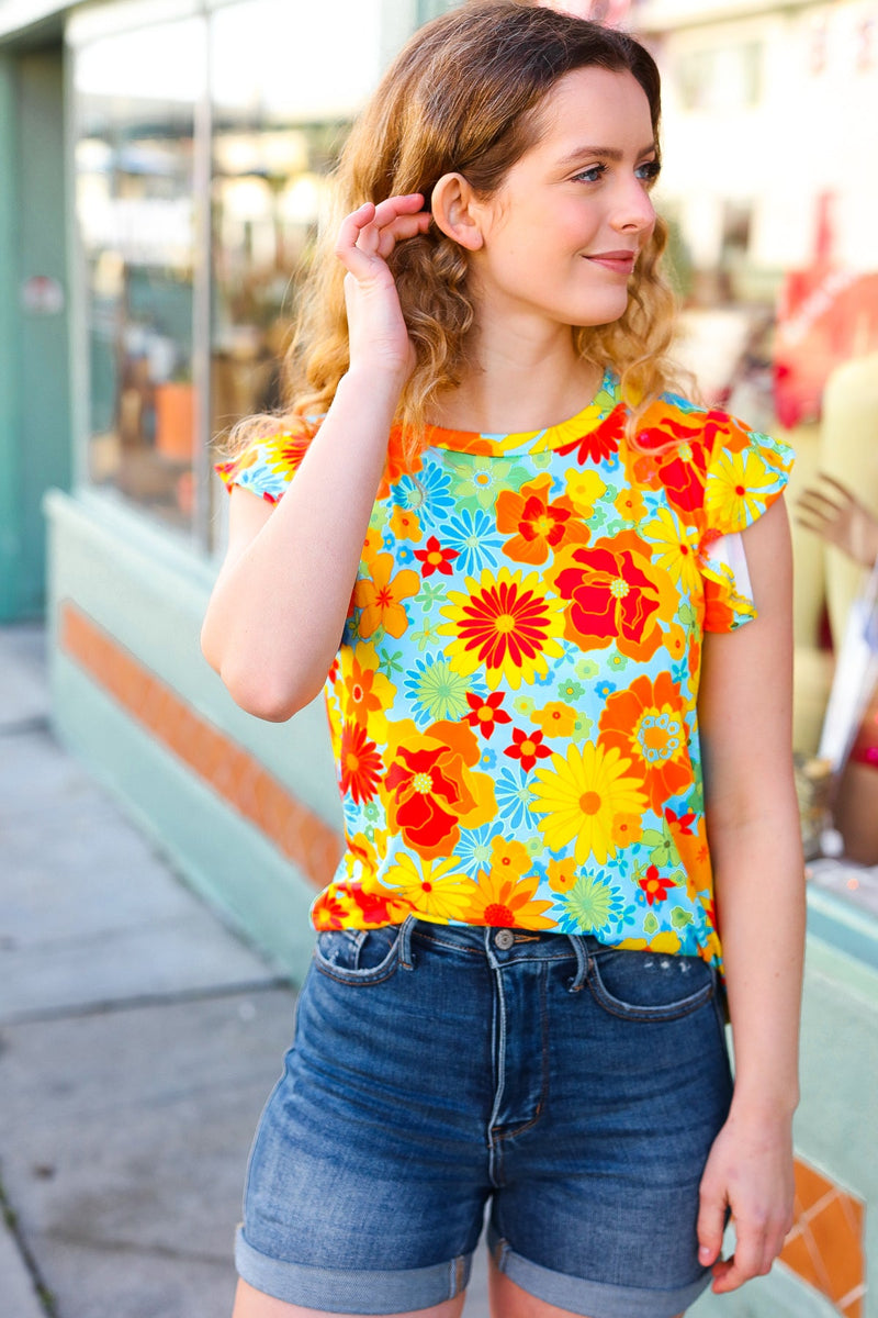 Yellow & Red Floral Flutter Sleeve Top