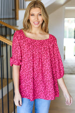 Perfectly You Fuchsia Floral Three Quarter Sleeve Square Neck Top