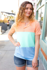 Peach/Mint Button Pointelle Rib Color Block Top