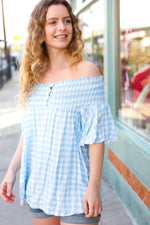 Blue Gingham Smocked Button Off Shoulder Top