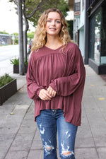 Casual Chic Wine V Neck Yoke Modal Knit Oversized Top