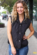 Weekend Ready Black Snap Button Quilted Puffer Vest