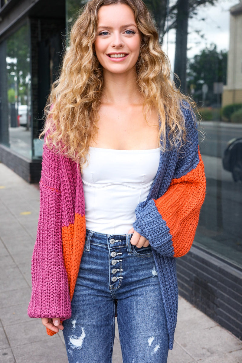 Dazzle In Magenta & Navy Chunky Knit Color Block Cardigan