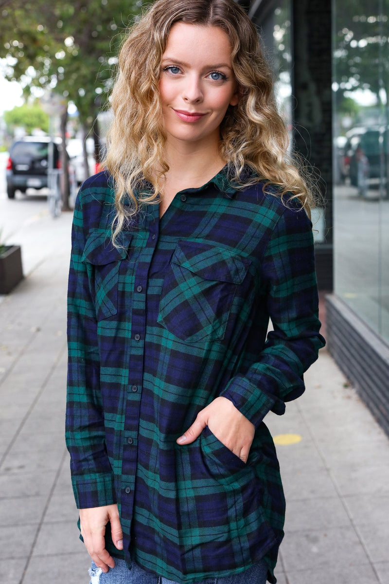 Make A Move Navy & Green Plaid Button Down Long Sleeve Top