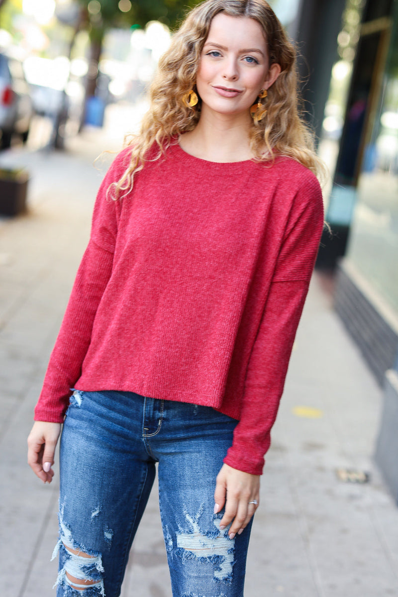 Stay Awhile Red Ribbed Dolman Cropped Sweater