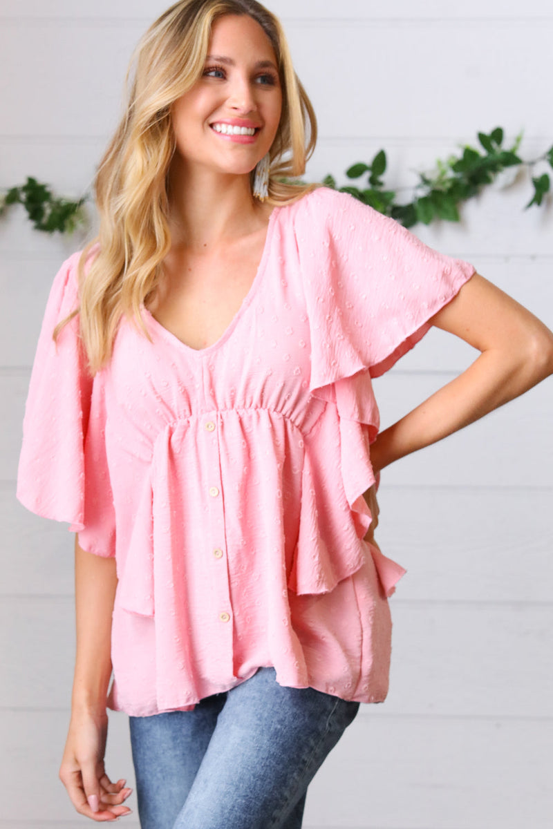 Soft Pink Swiss Dot Ruffle Woven Top