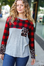 All Of Me Grey & Red Plaid Animal Print Pocketed Top