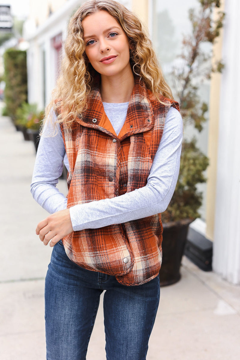 Put Together Rust Taupe Plaid Snap Button Quilted Puffer Vest