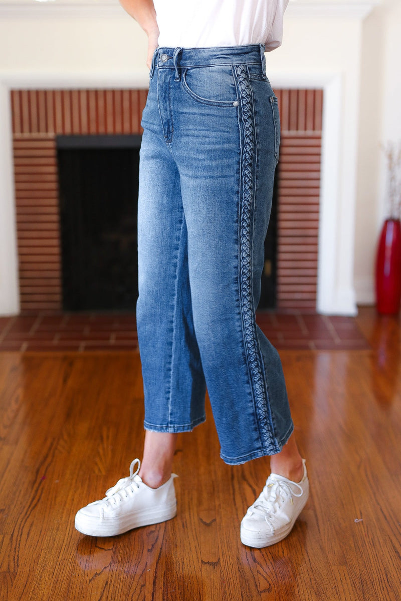 Judy Blue Medium Wash Braided Cropped Wide Leg Jeans