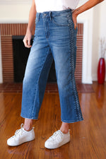 Judy Blue Medium Wash Braided Cropped Wide Leg Jeans