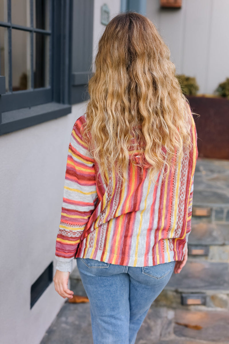 Be Bold Coral & Sienna Stripe Pullover Notched Neck Hoodie