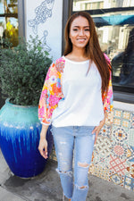 Sunny Days Ivory Textured Floral Bubble Sleeves Dolman Top