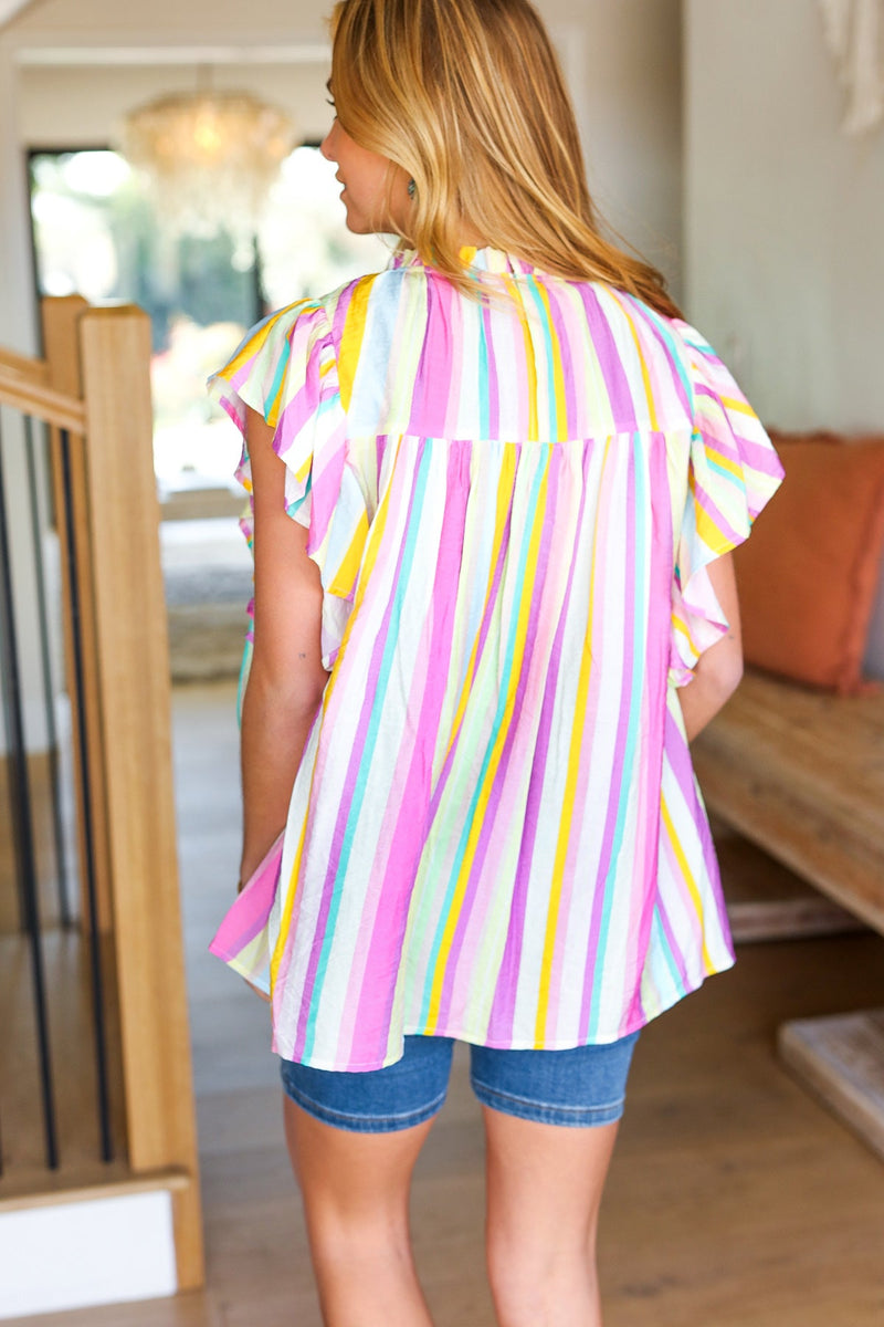 Perfectly You Multicolor Striped Shirred Yoke Mock Neck Top