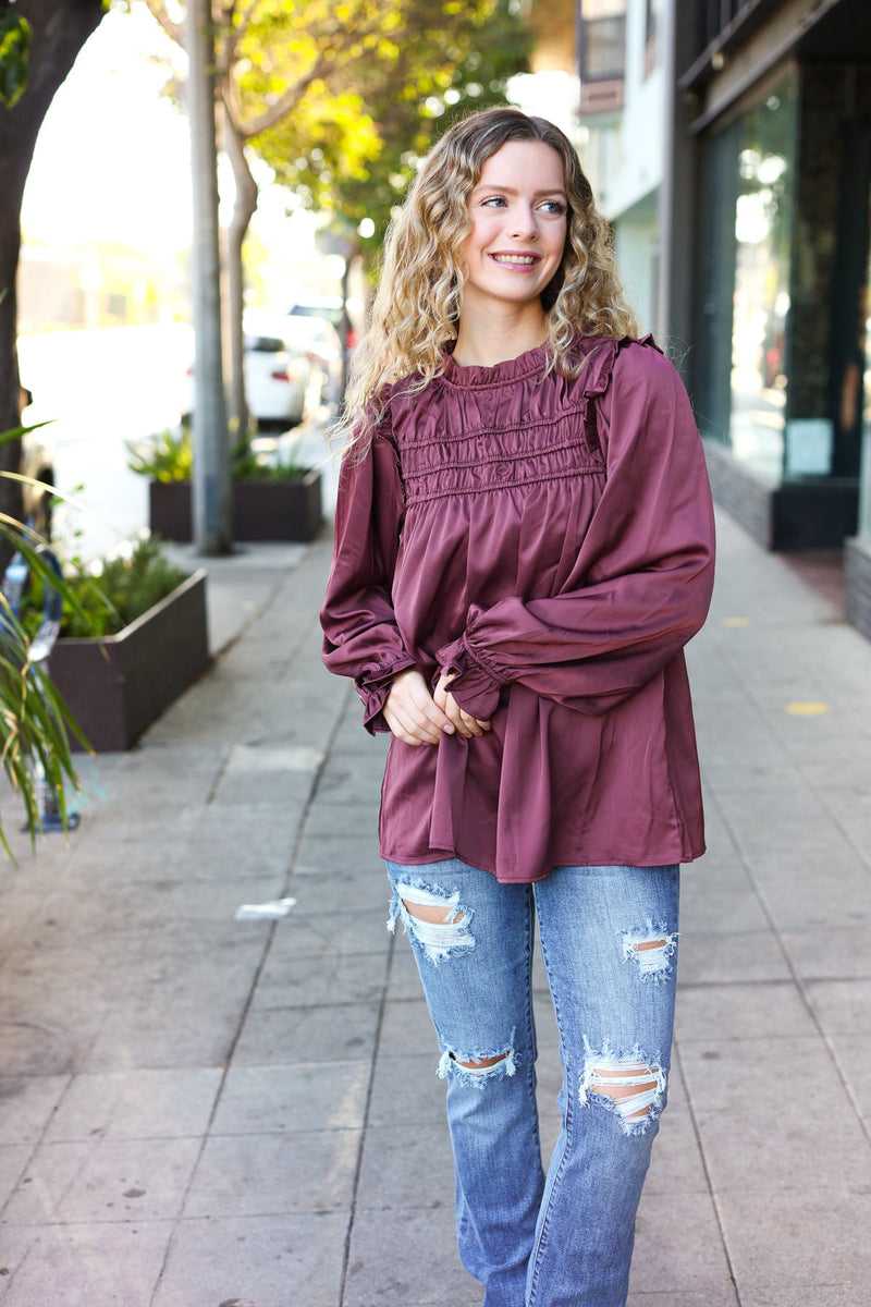 Be Your Best Wine Satin Shirred Yoke Frilled Mock Neck Top