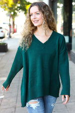 Casual Chic Hunter Green Oversized V Neck Rib Knit Sweater