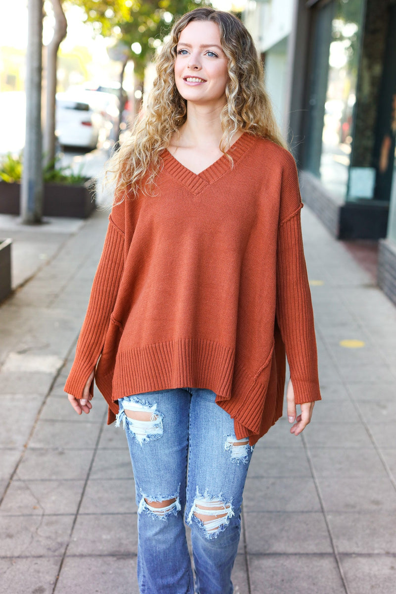 Casual Chic Rust Oversized V Neck Rib Knit Sweater