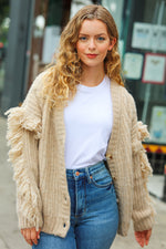 Weekend Ready Oatmeal V Neck Fringe Chunky Cable Cardigan