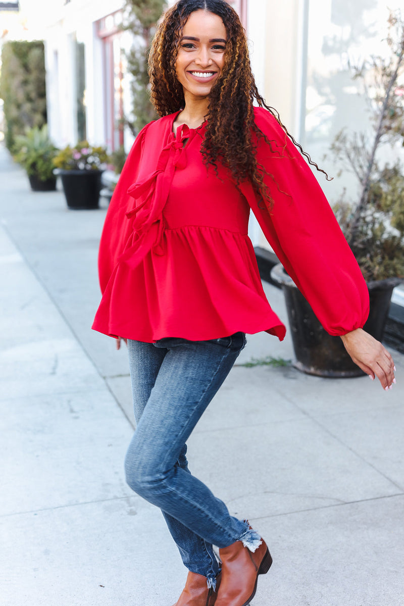 Embrace Joy Red Ribbon Bow Tie Babydoll Woven Top