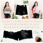 Tummy Control High Waisted Frayed Hem Shorts By Judy Blue Jeans In Washed Black