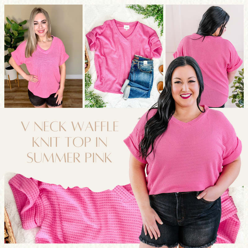 V Neck Waffle Knit Top In Summer Pink