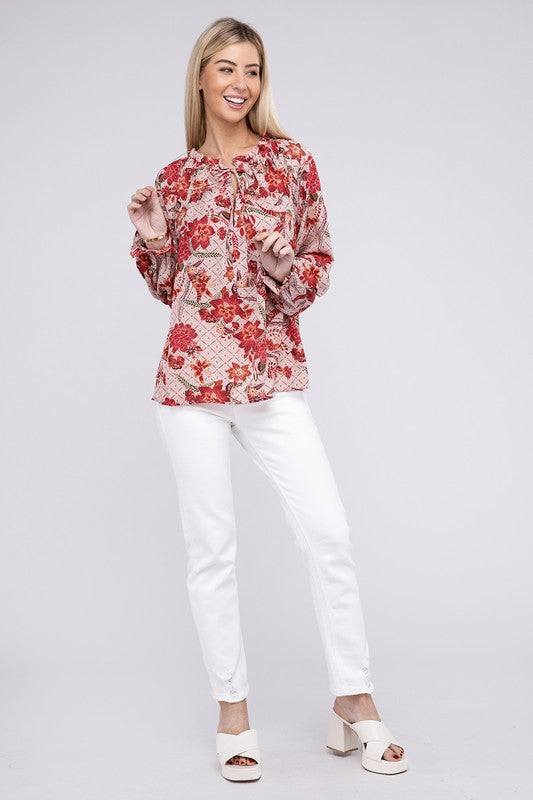 Floral Print Tie Neck Blouse