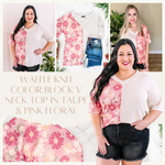 Waffle Knit Color Block V Neck Top In Taupe & Pink Floral