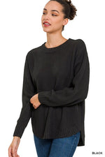 Hi-Low Long Sleeve Round Neck Sweater