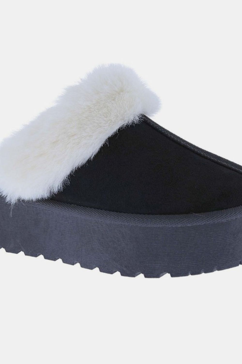 Trinity Thick Bottom Fur Trim Snow Slippers Black