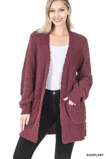 PUFF SLEEVE POPCORN CARDIGAN WITH POCKETS