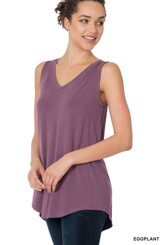 LUXE RAYON SLEEVELESS V-NECK HI-LOW HEM TOP