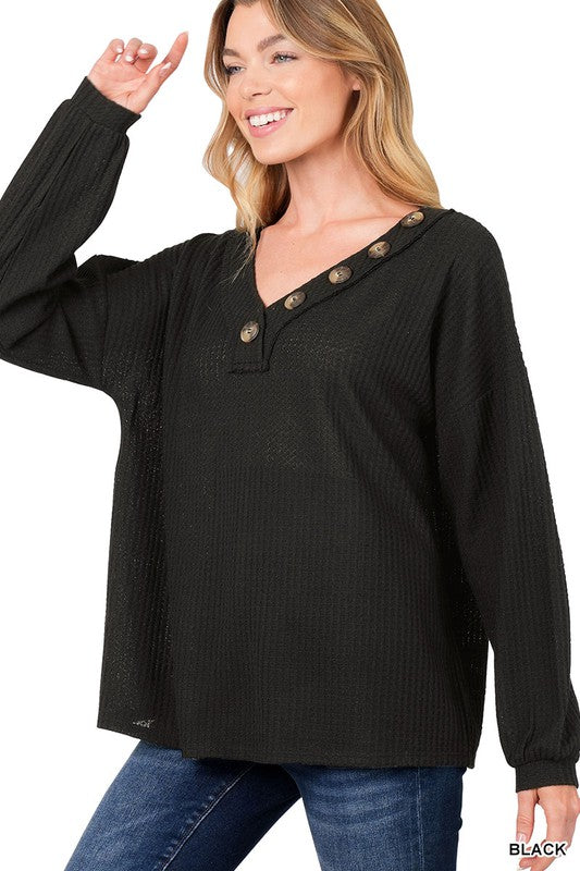 Brushed Waffle V-Neck Button Detail Sweater