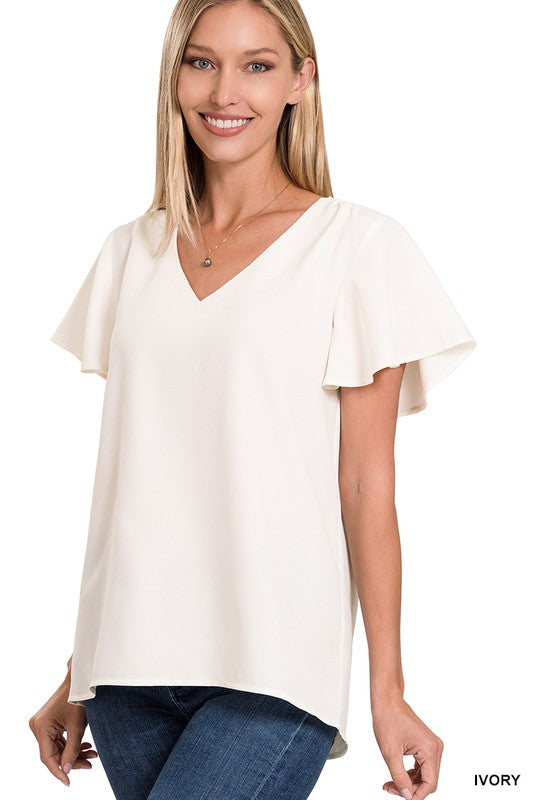 WOVEN FLUTTER SLEEVE V-NECK TOP