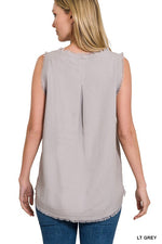 Linen Pre-Washed Frayed Edge V-Neck Sleeveless Top